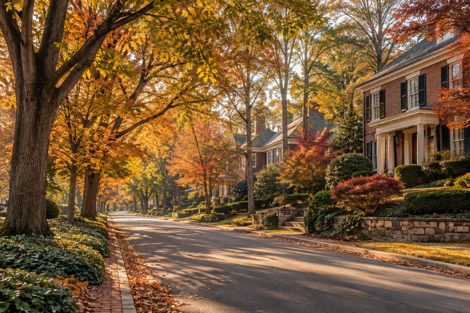 A tree lined residential street at sunset in Georgia, illustrative